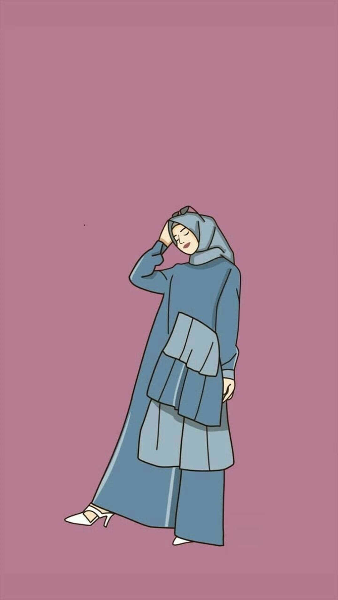 Muslim woman in a blue hijab touches her forehead against a solid pink background with her eyes softly closed.