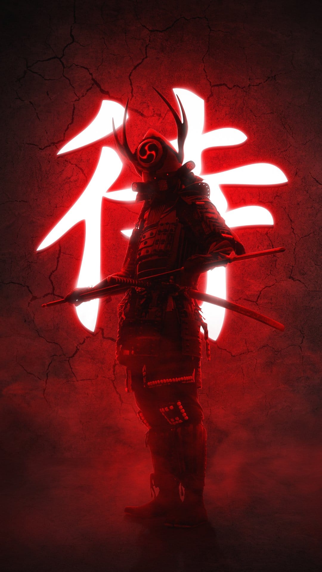 Samurai warrior in full armor holds two swords before a large glowing red Japanese kanji on a cracked wall.