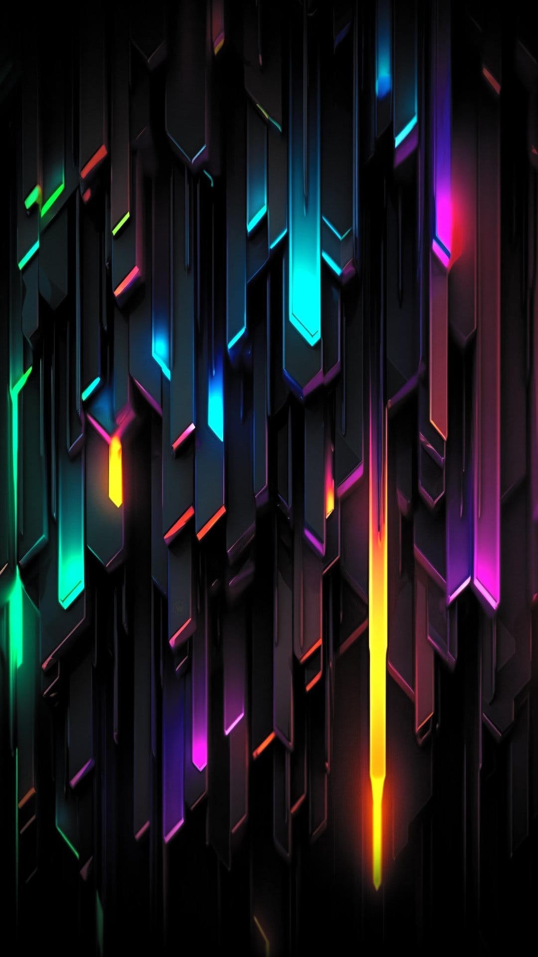 Cascading neon blue and purple geometric polygons float against a dark, tech-inspired backdrop with vibrant glows.