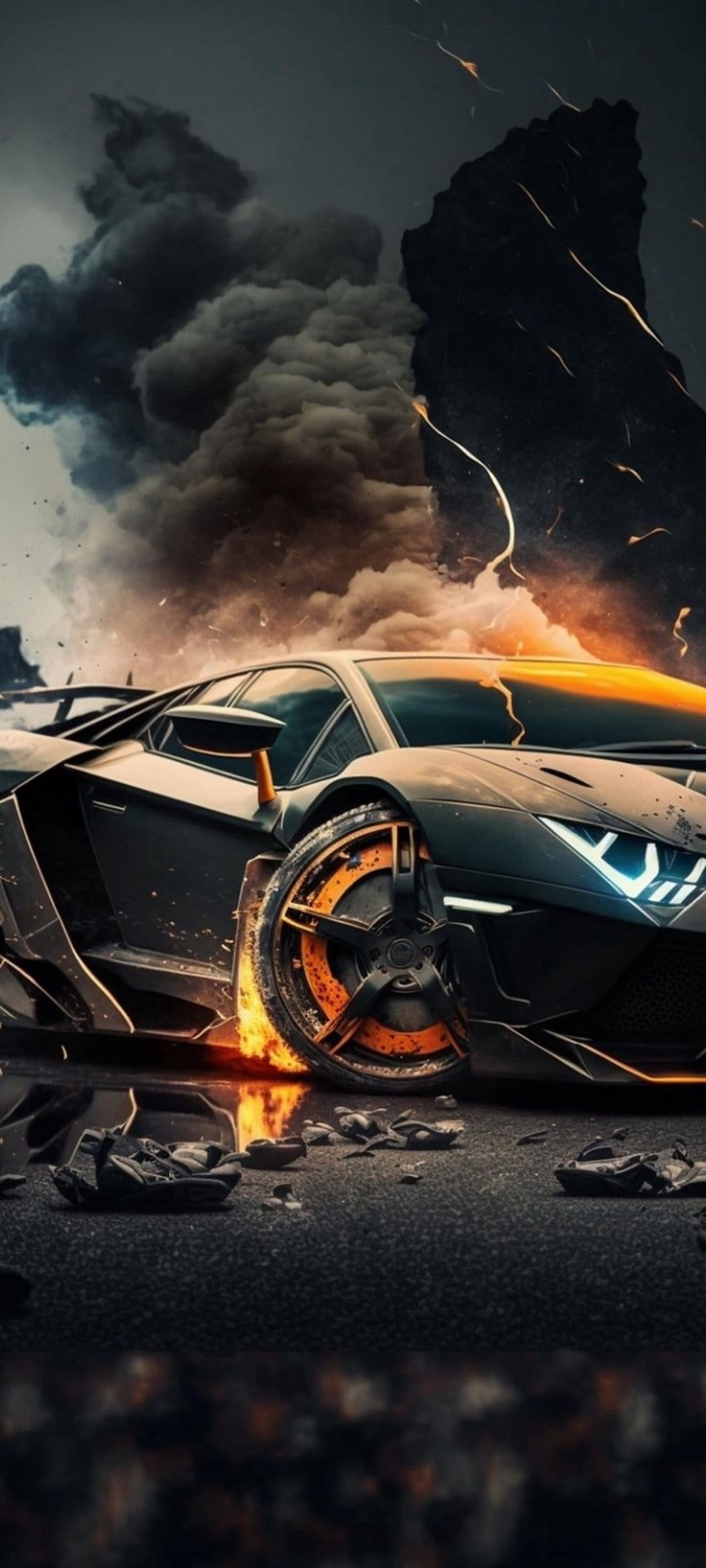 Black sports car with glowing headlights escapes massive orange flames and thick smoke in a rocky wasteland.