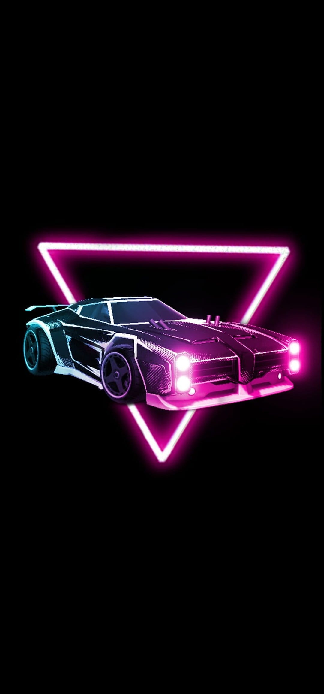 Rocket League car centered in a glowing pink triangle with neon blue light reflections on dark metal.