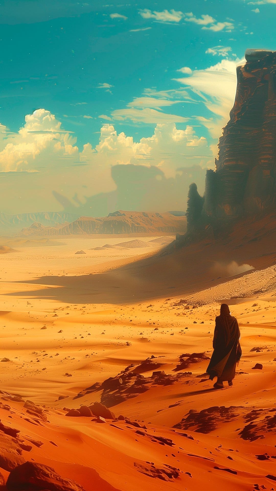 Solitary robed figure walking across rippling orange sand dunes under a bright turquoise sky with white clouds.