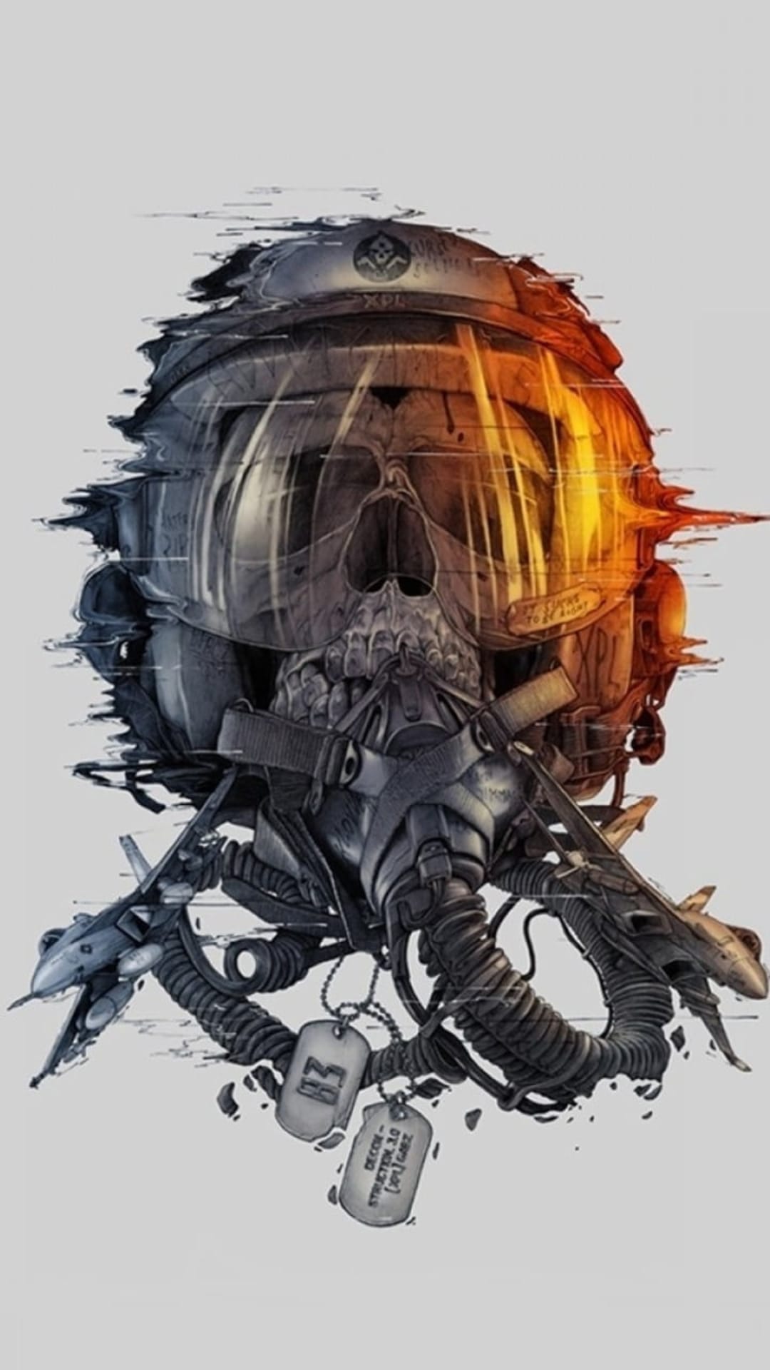 Skull in a tactical pilot helmet with a glitch effect, oxygen mask, dog tags, and fiery orange light accents.