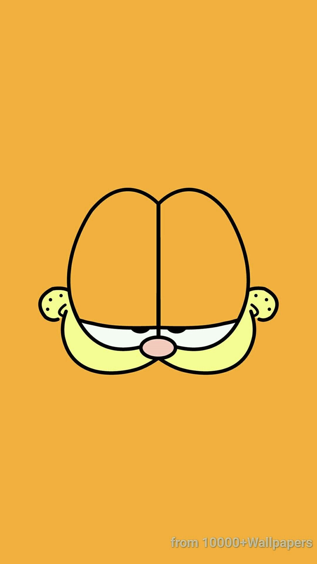 Garfield's sleepy half-closed eyes and small pink nose appear centered on a vibrant solid orange background.