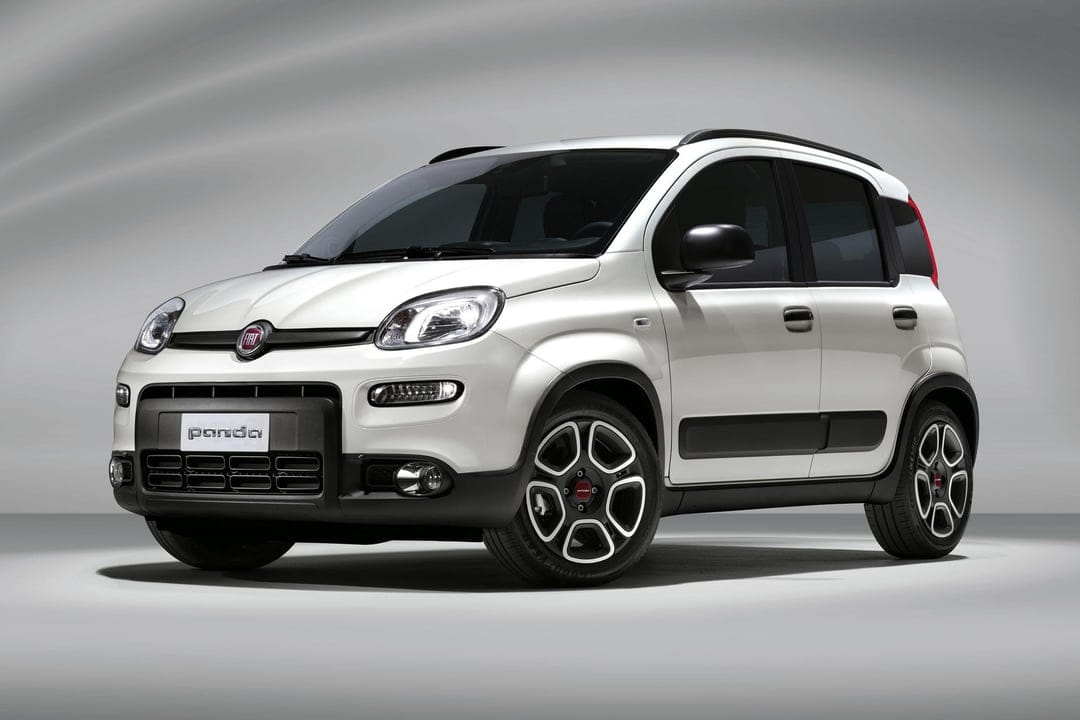 White Fiat Panda car angled in a studio with black trim, alloy wheels, and a soft gray gradient background.