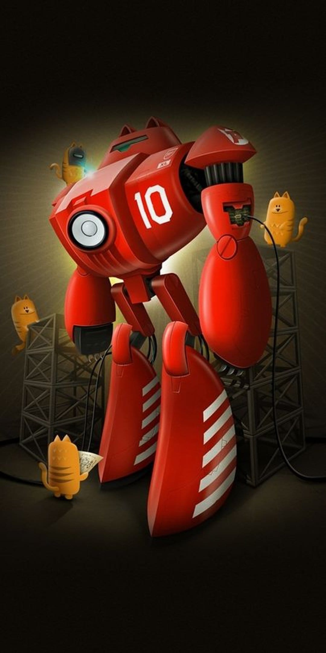 A crimson robot numbered ten rests while orange tabby cats climb on its metallic legs and armor plates.