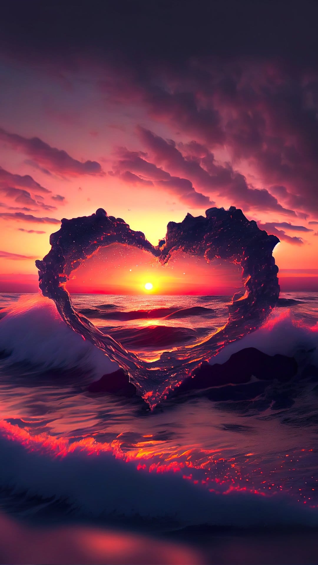 Heart-shaped wave cresting in the ocean under a vibrant orange sunset with glowing clouds and misty sea spray.