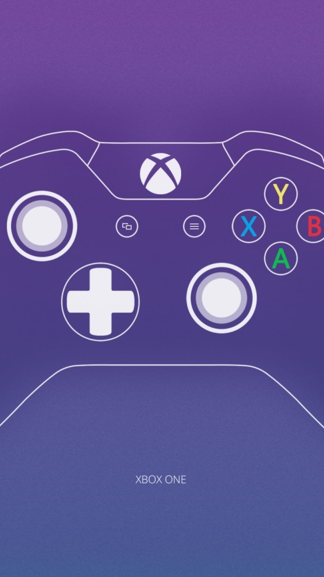 White Xbox One controller outline centered on a vibrant purple and violet gradient portrait background.