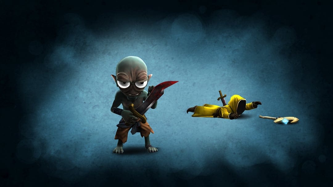 Small grey goblin holding a bloody scimitar over a fallen yellow-robed mage on a dark smoky blue background.