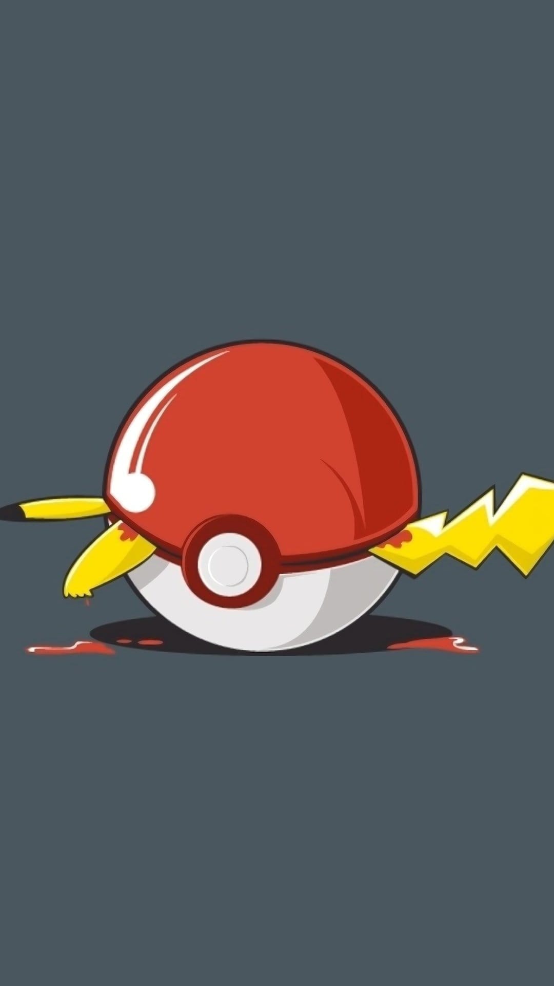 Broken red and white ball rests near a yellow tail and a pool of red liquid on a solid black background.
