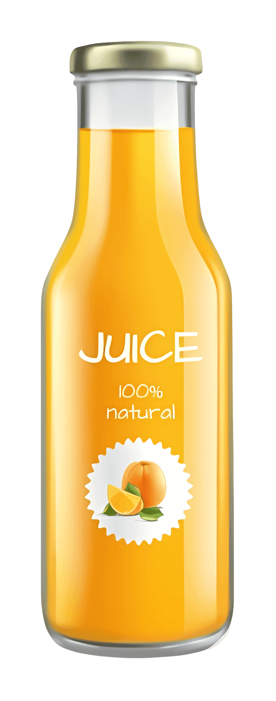 Orange juice bottle stands upright against a transparent background featuring realistic shadows and glossy plastic.