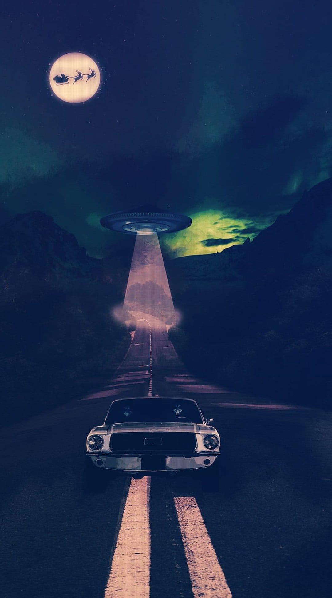 UFO tractor beam lifting a white car on a dark road as Santa's sleigh crosses a large glowing full moon.