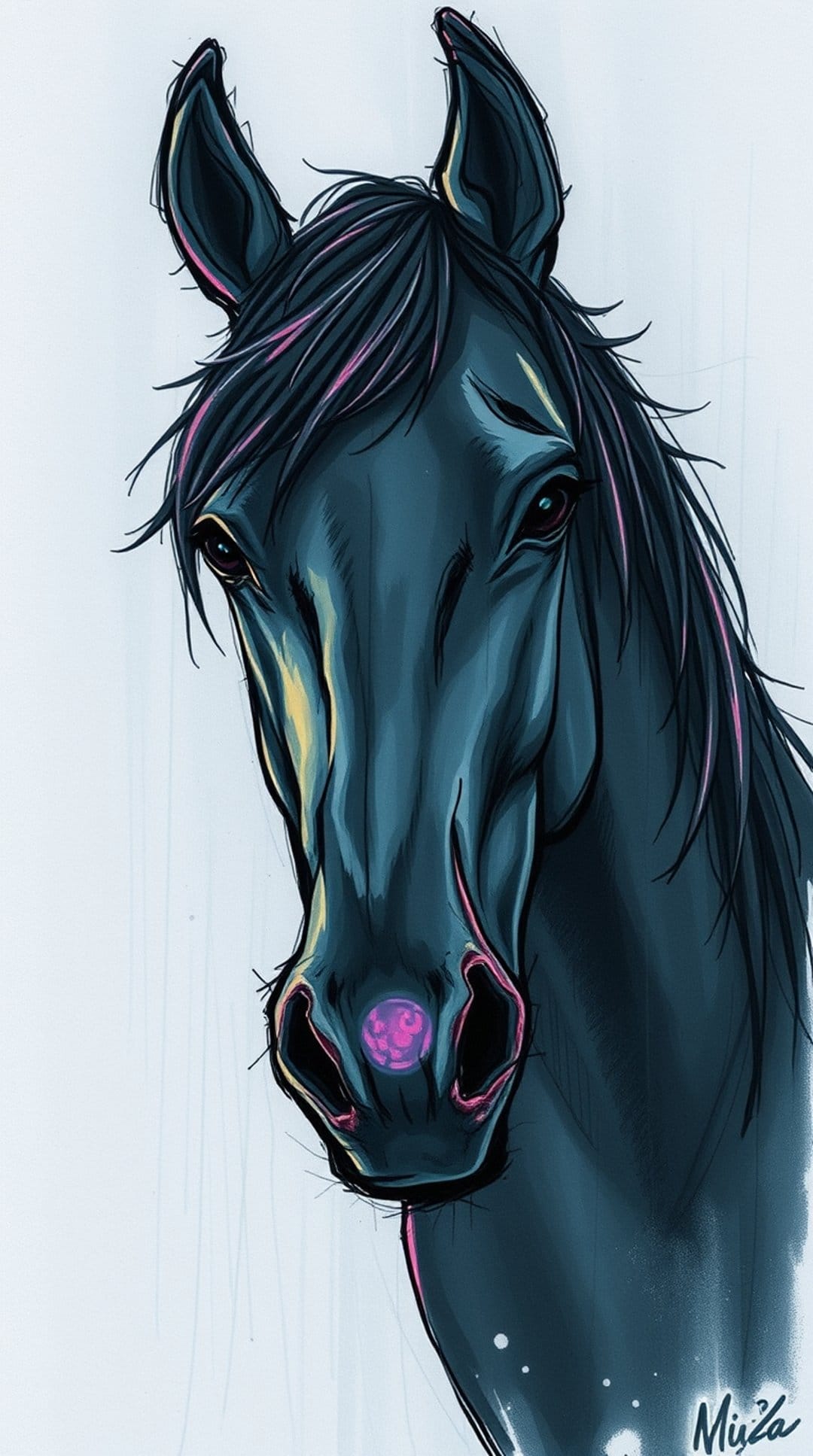 Black horse profile with vibrant pink mane accents and teal shadows set against a pale blue backdrop.