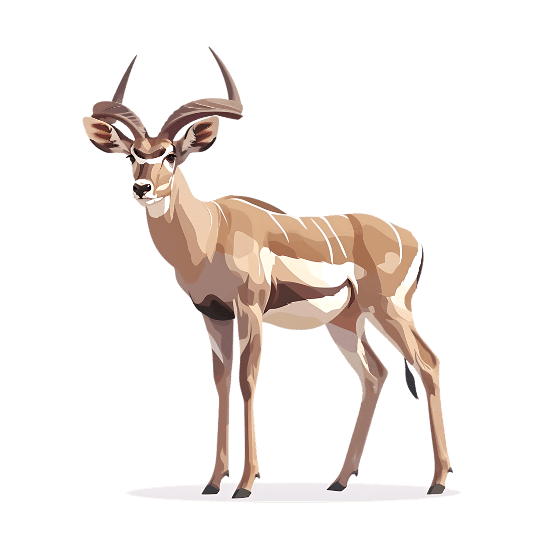 Kudu antelope illustration showing brown fur with white stripes and long spiraling horns on a black backdrop.