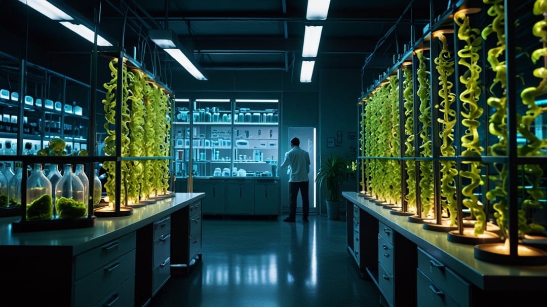 Lush green plants grow in vertical hydroponic systems inside a sterile sci-fi lab with a lone researcher in white