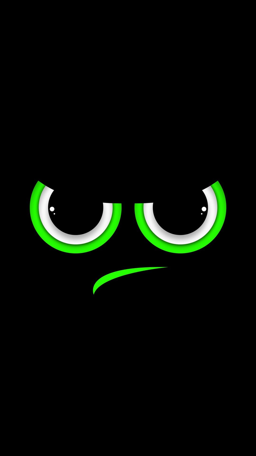 Grumpy green eyes with white pupils and a matching green frown glow against a solid pitch-black background.