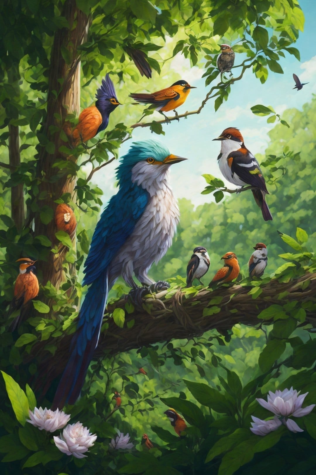 A blue crested bird and smaller orange songbirds perch on branches amidst thick green leaves and white flowers.