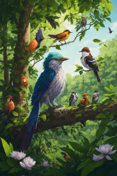 birds,tree,branch,leaves,flowers,art