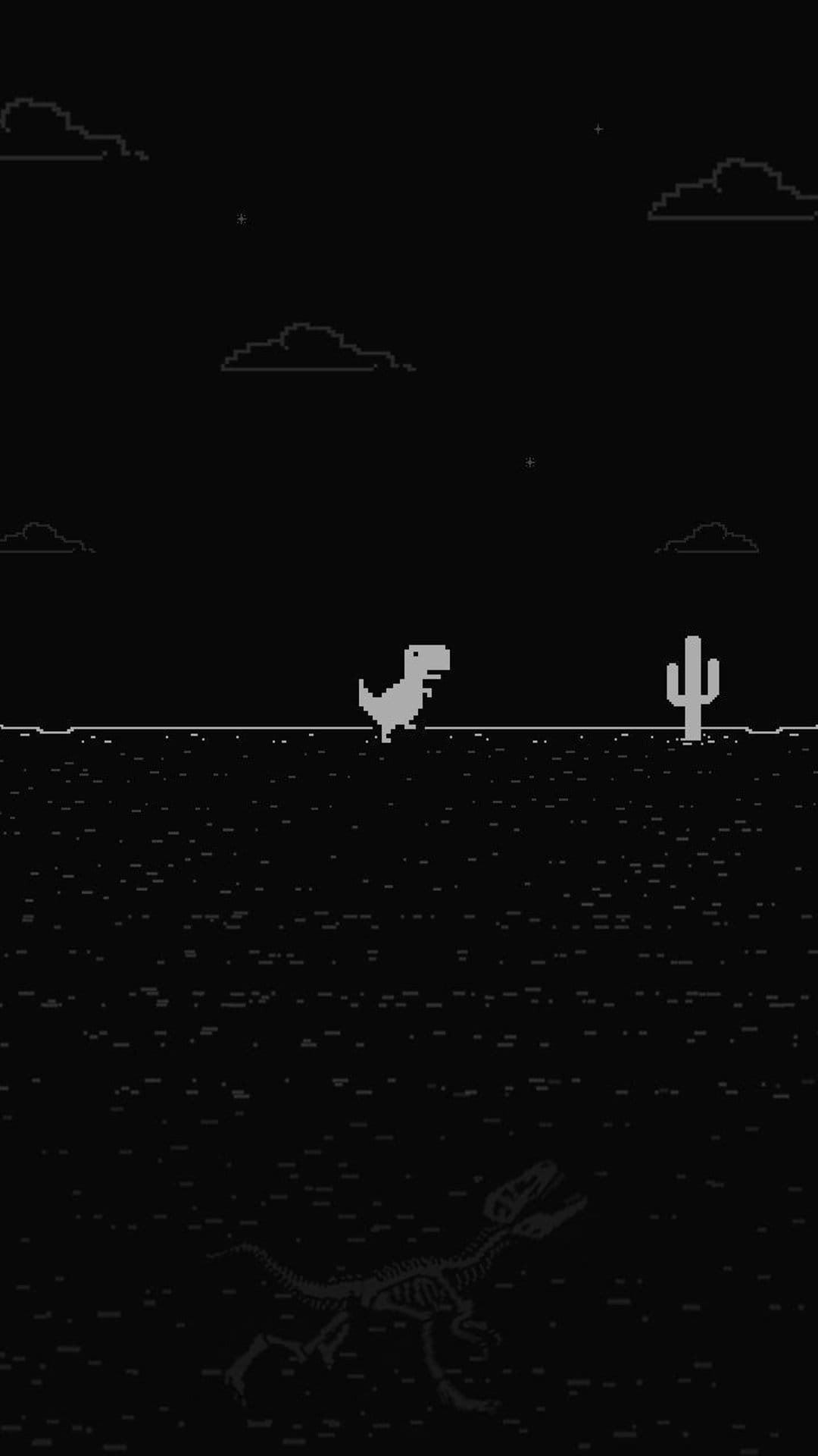 Blocky dinosaur runs past cacti in a pixelated grayscale desert with a fossilized skeleton buried underground.