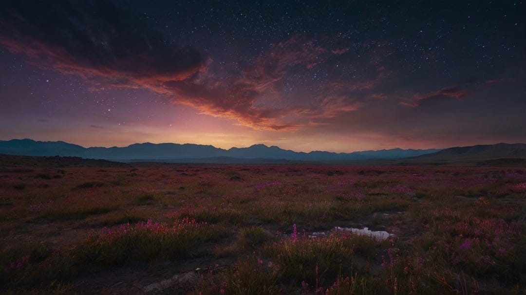 Wildflowers in a vast meadow sit below jagged mountains and a fiery sunset sky filled with orange clouds and stars.