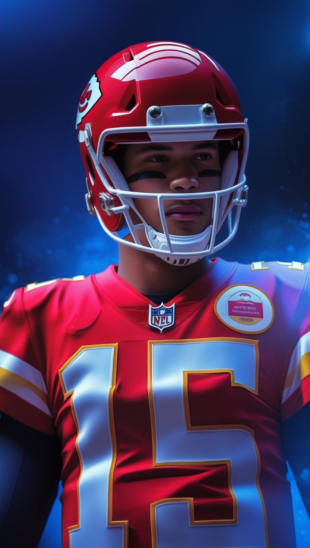 Patrick Mahomes in a red Kansas City Chiefs jersey and helmet against a blue background with glowing particles.