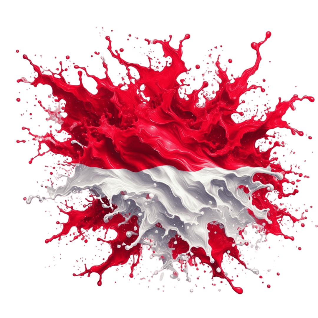 Indonesia flag liquid splash rendering in red and white colors featuring realistic 3D water droplets and transparency.