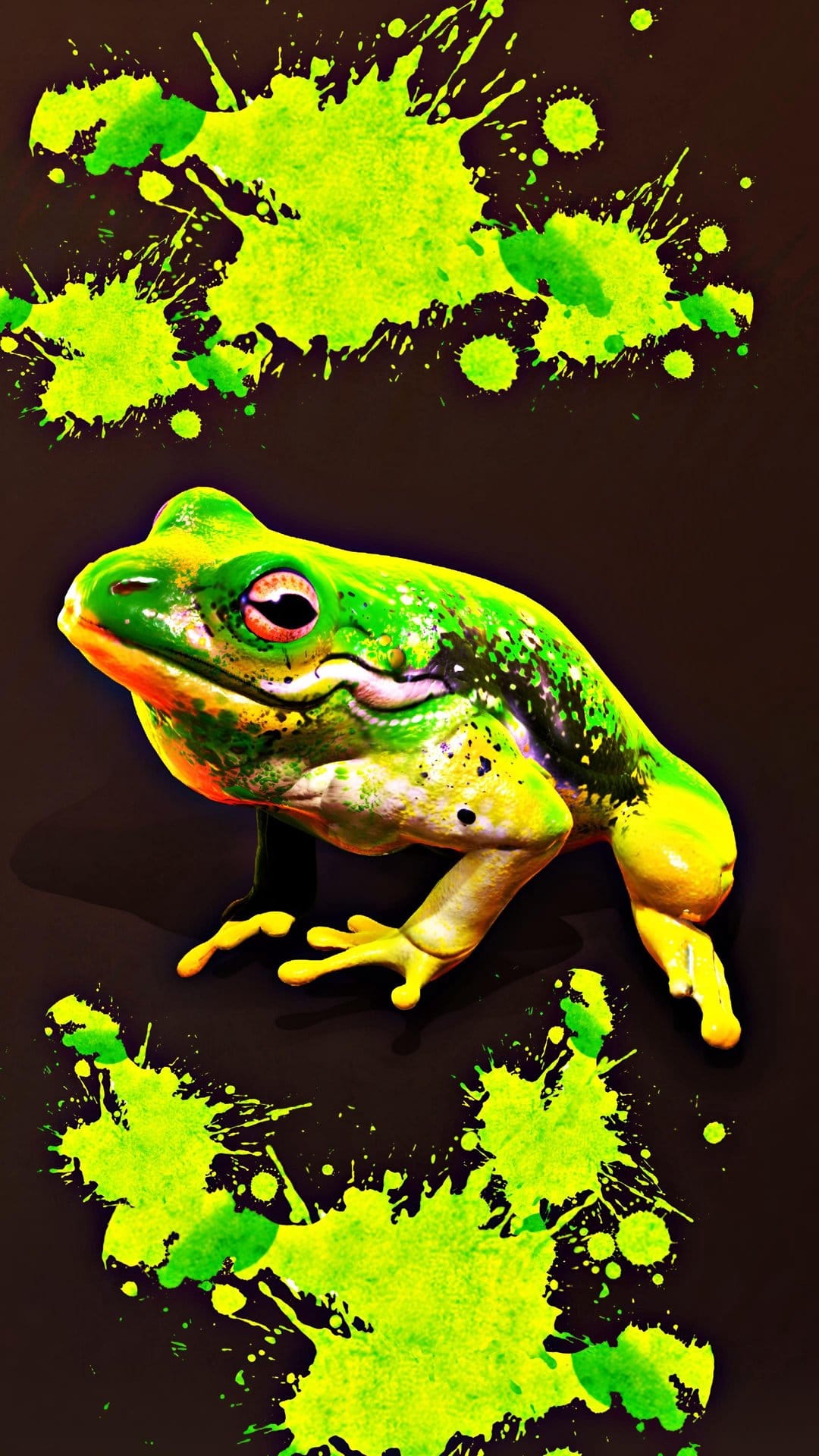 Bright green frog with golden eyes sits before a dark background with vibrant neon green and yellow paint splatters.