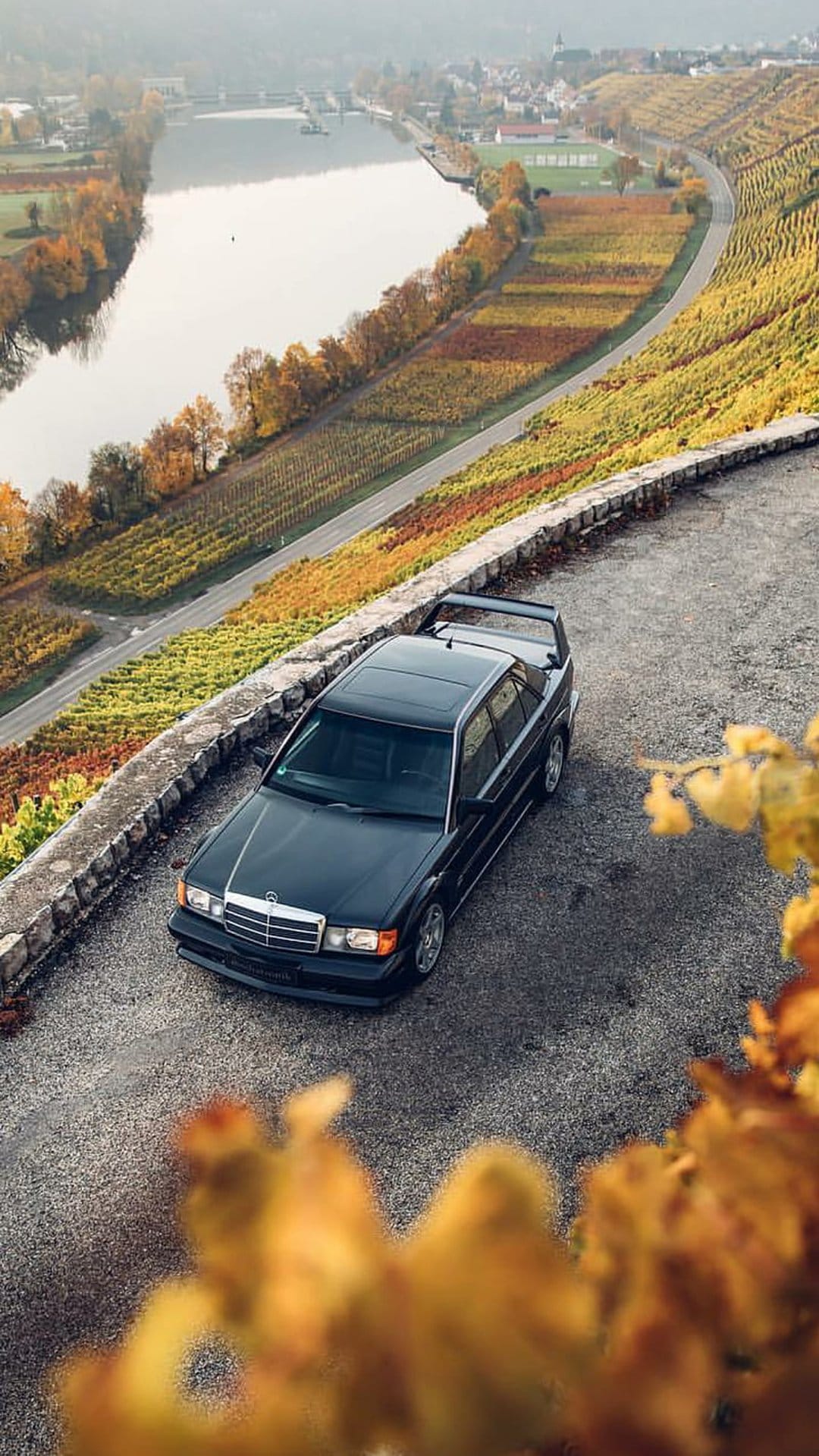 Silver Mercedes 190E W201 parked on a road overlooking autumn vineyards and a river valley during fall.