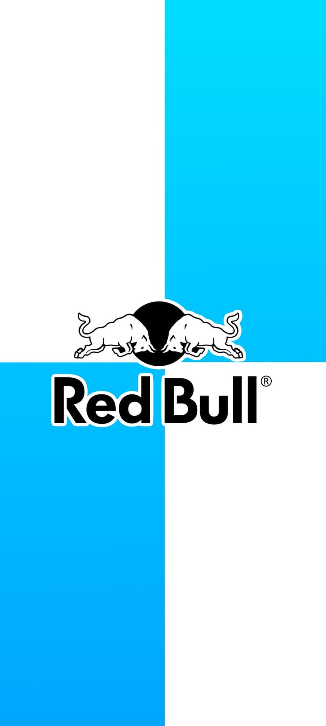 White charging bulls facing each other before a black circle on a blue and white checkered grid background.