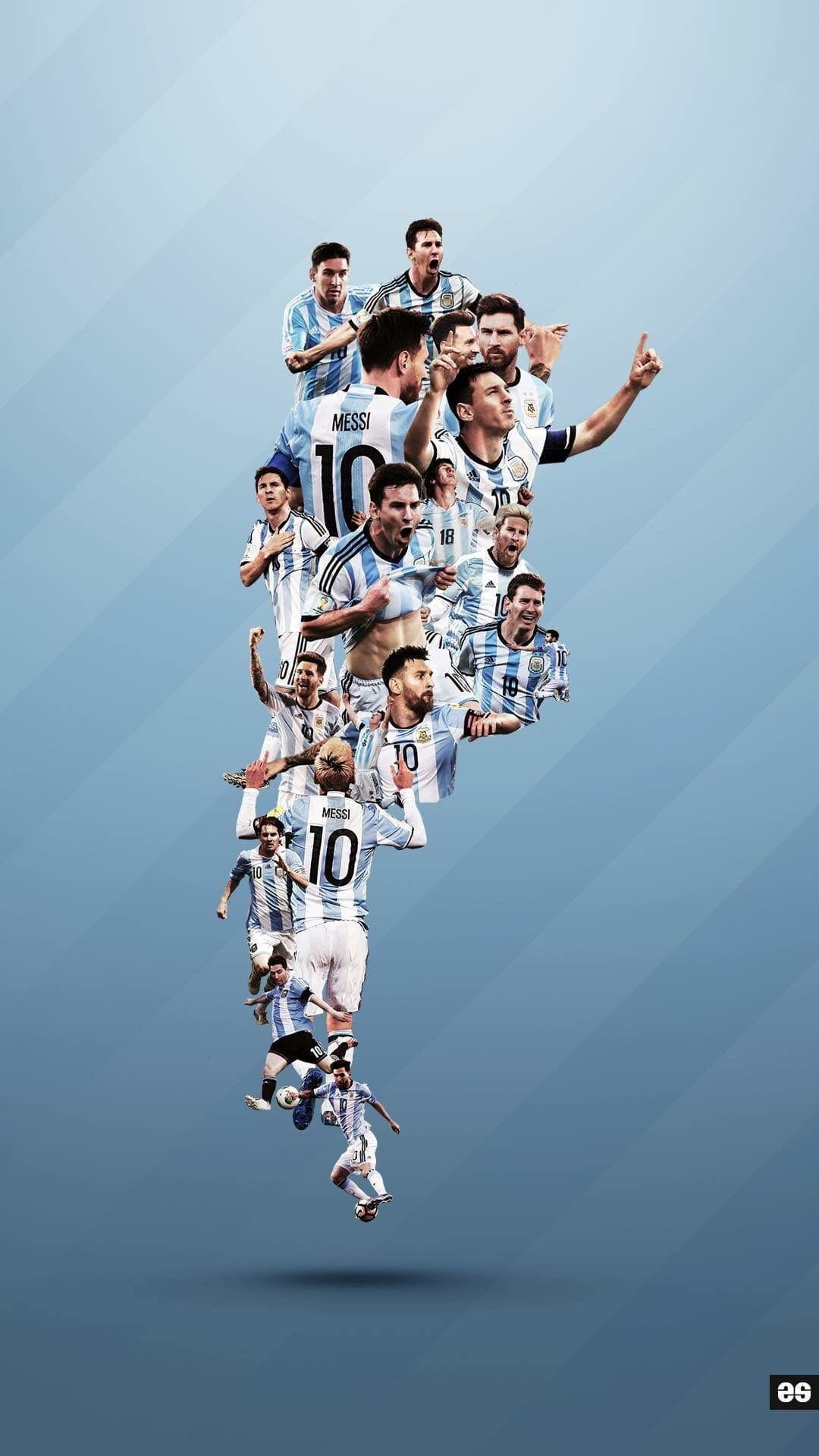 Lionel Messi wearing Argentina’s blue and white striped jersey during various celebratory football match moments.