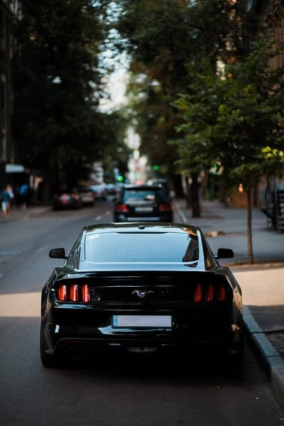 mustang, car, rear view, black, headlights, mobile wallpaper, android wallpaper, iPhone wallpaper, phone wallpaper