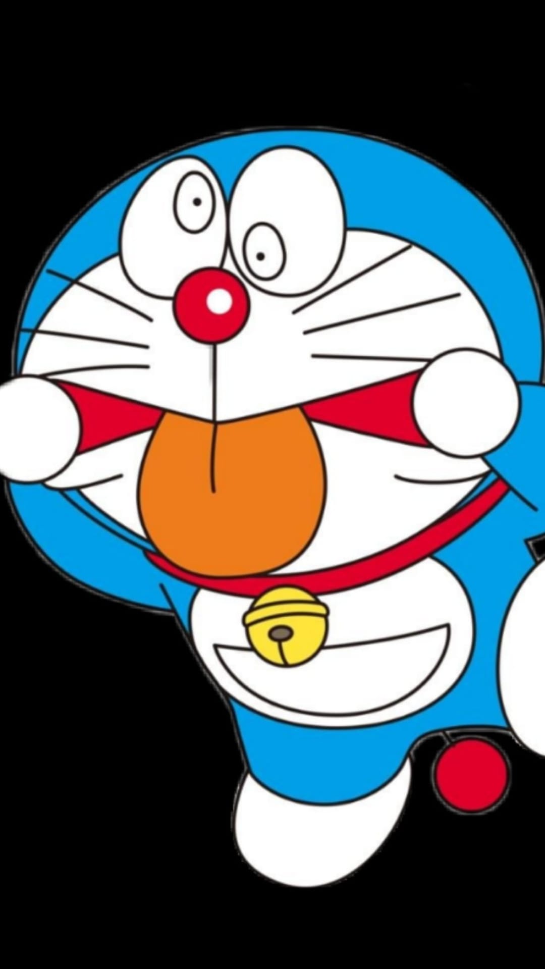 Doraemon makes a silly face with his tongue out, wearing a red collar and golden bell against a black background.