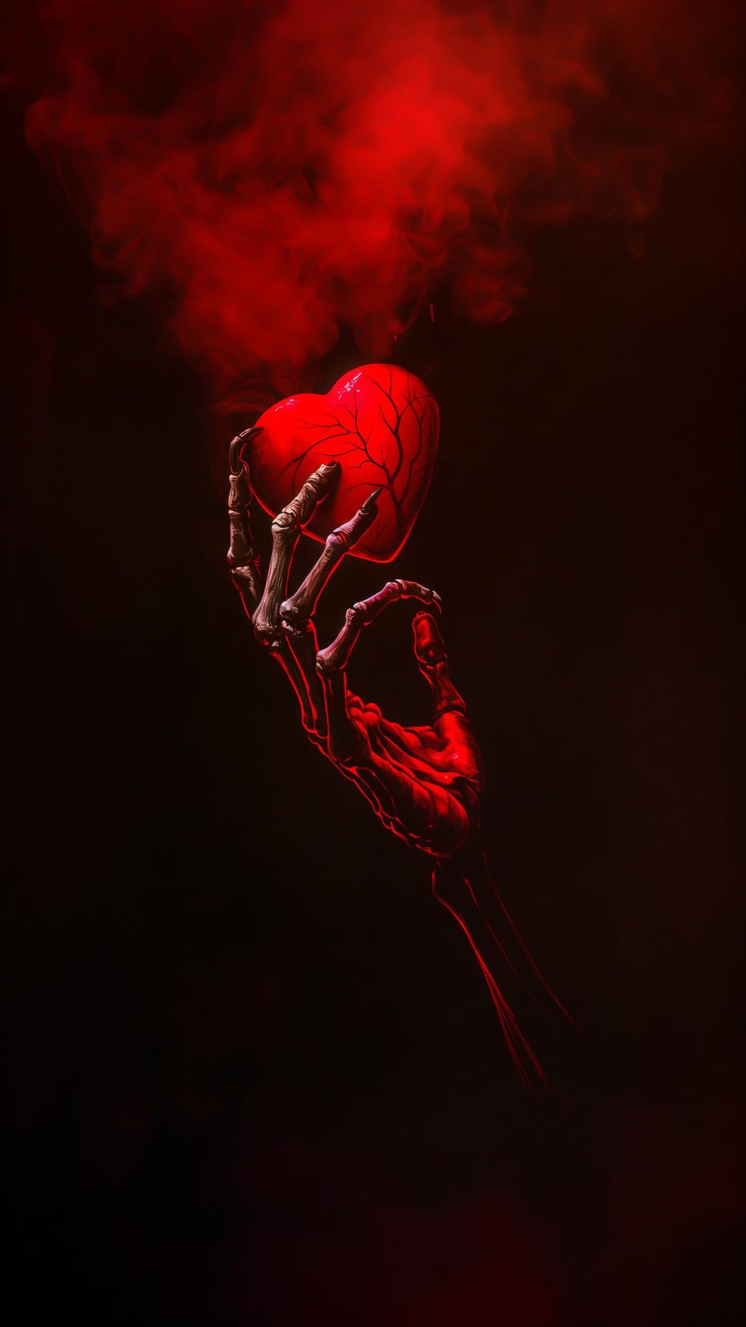 Skeleton hand grasping a realistic bleeding heart with swirling red smoke wisps on a solid black background.