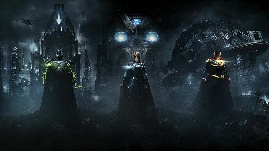 Batman, Supergirl, and Superman standing in front of a giant robotic head with ruins and cityscapes behind them.