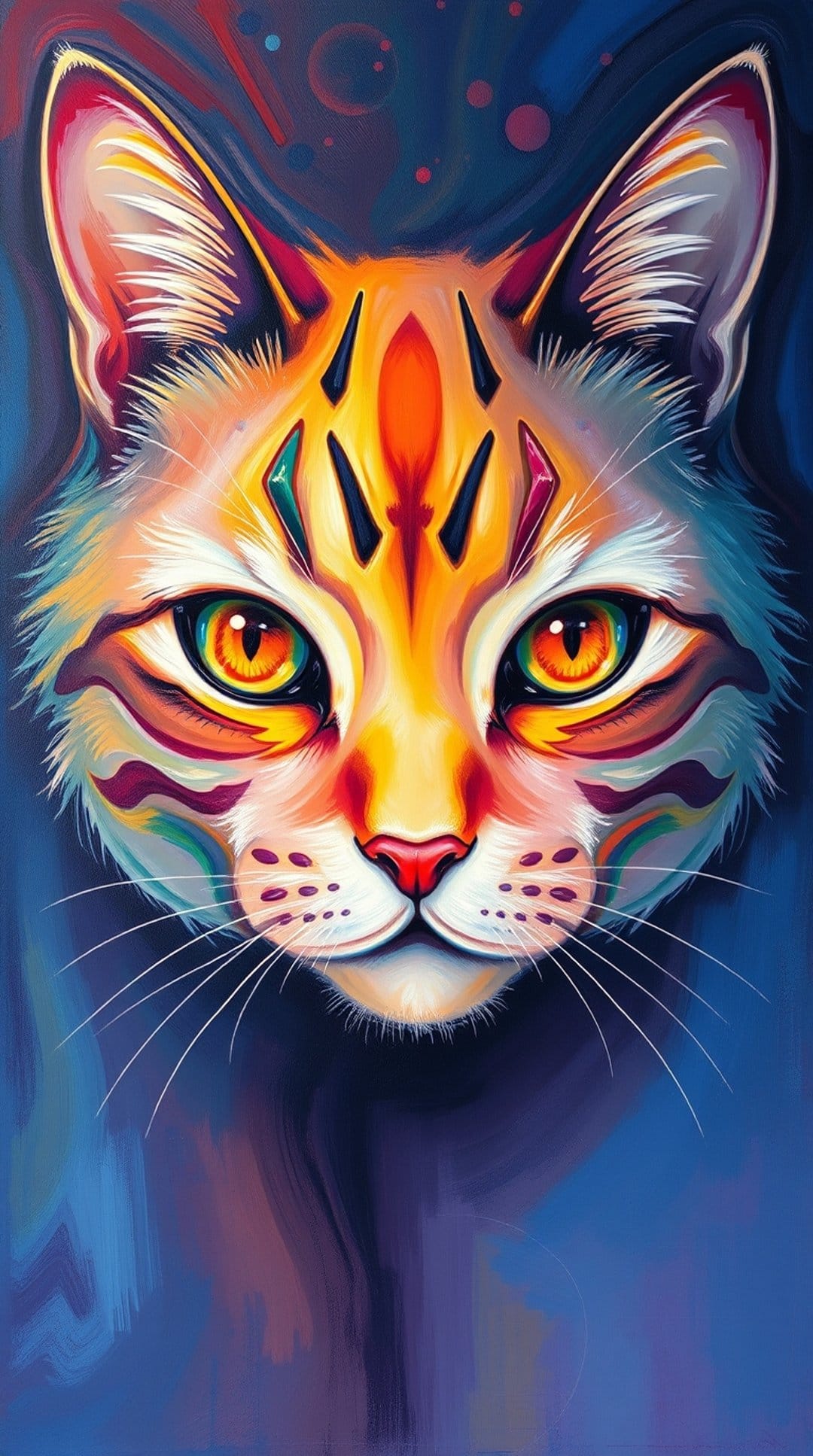 Cat face with glowing orange eyes and multicolored facial markings set against a dark blue textured background.