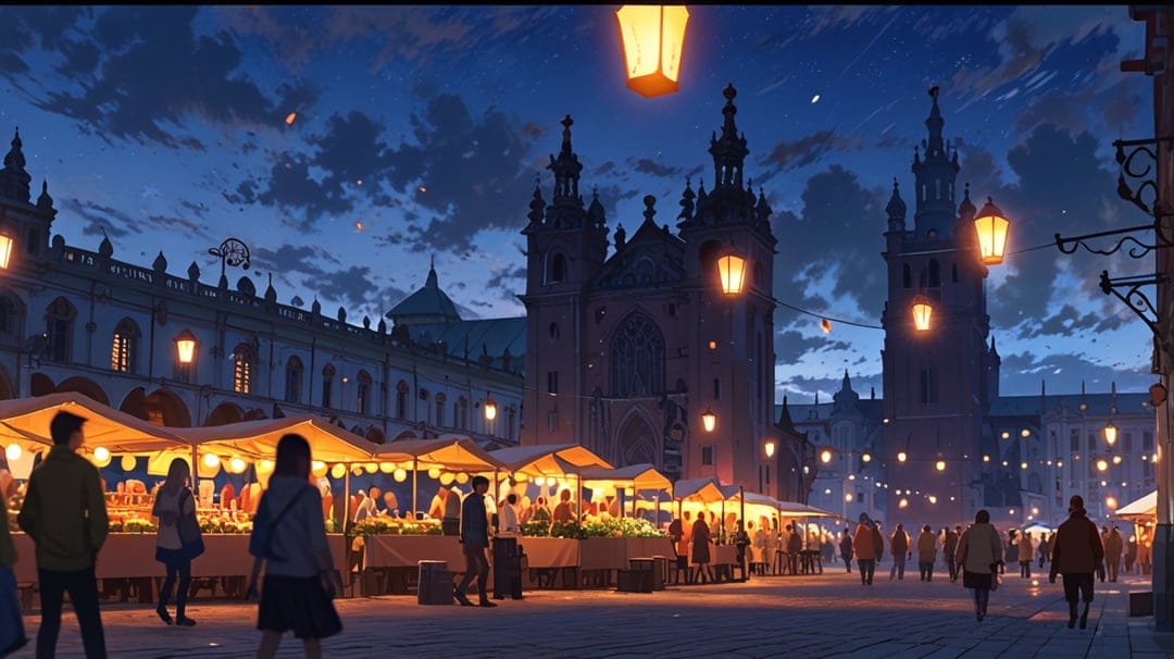 Orange lanterns glow above a bustling night market square framed by tall historic European stone architecture.
