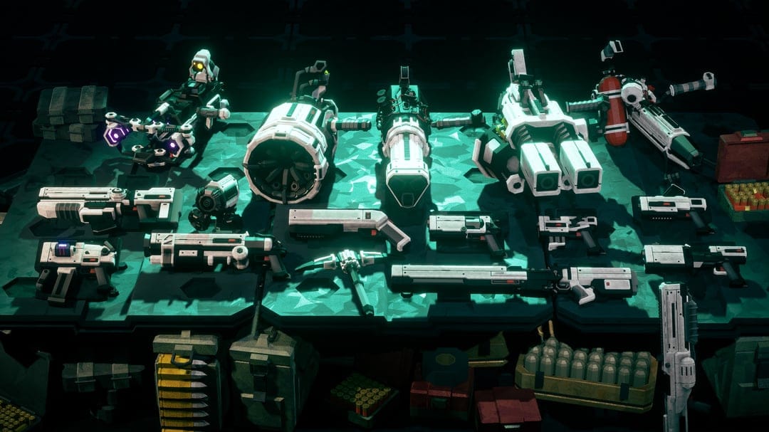 Sci-fi guns and equipment on a dark table under bright cyan light with industrial shadows and white weapon skins.