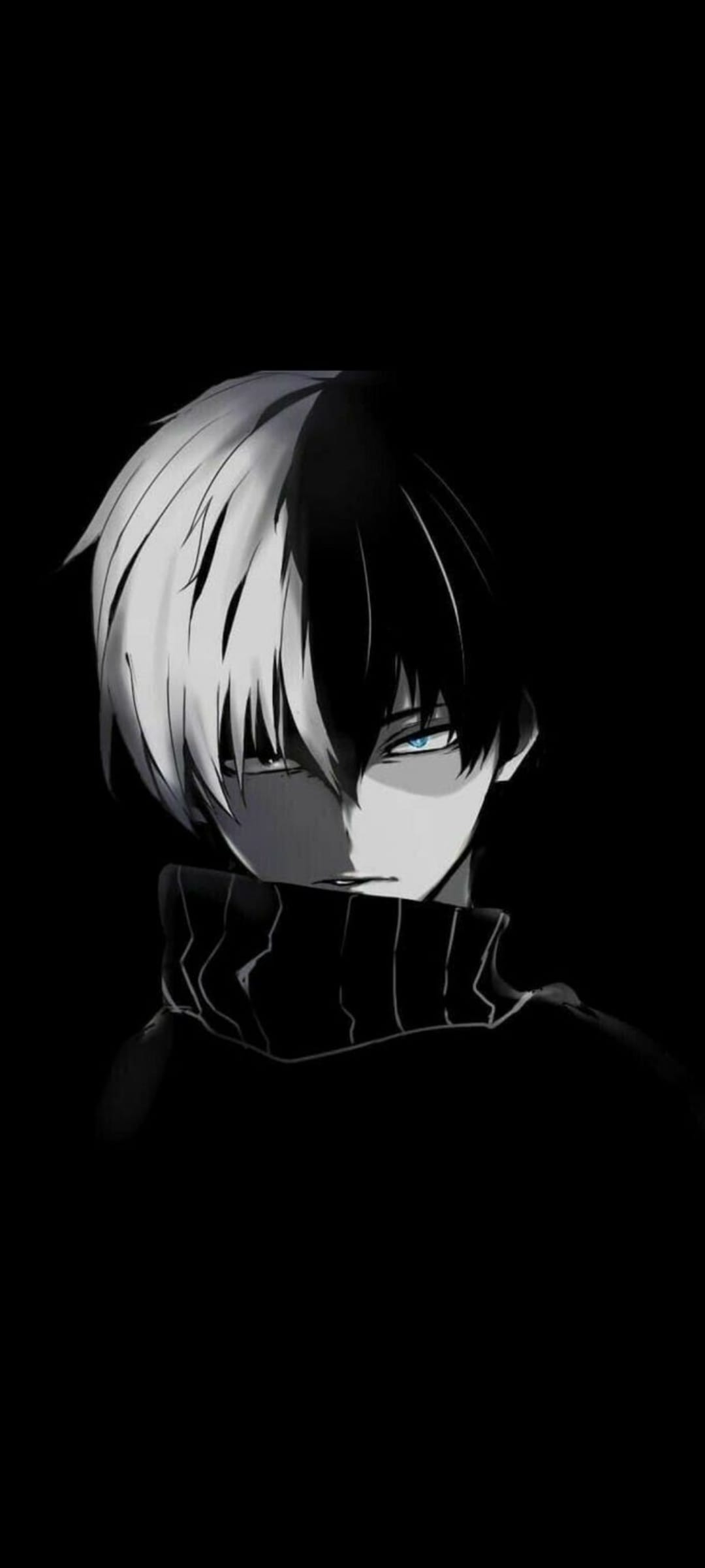 Shoto Todoroki with split-colored hair and one glowing blue eye wears a dark turtleneck in a moody portrait.