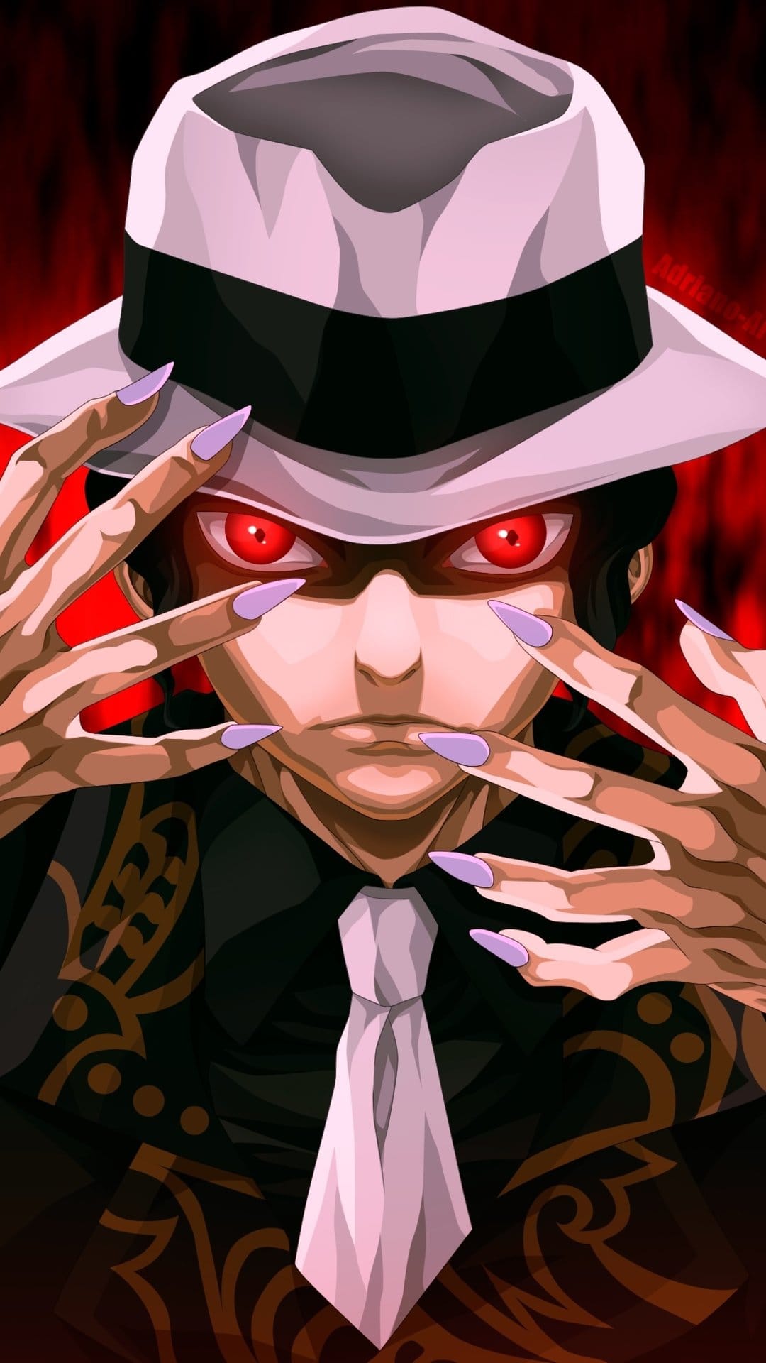 Muzan Kibutsuji stares intensely with red eyes while holding up long purple nails in front of his white fedora.