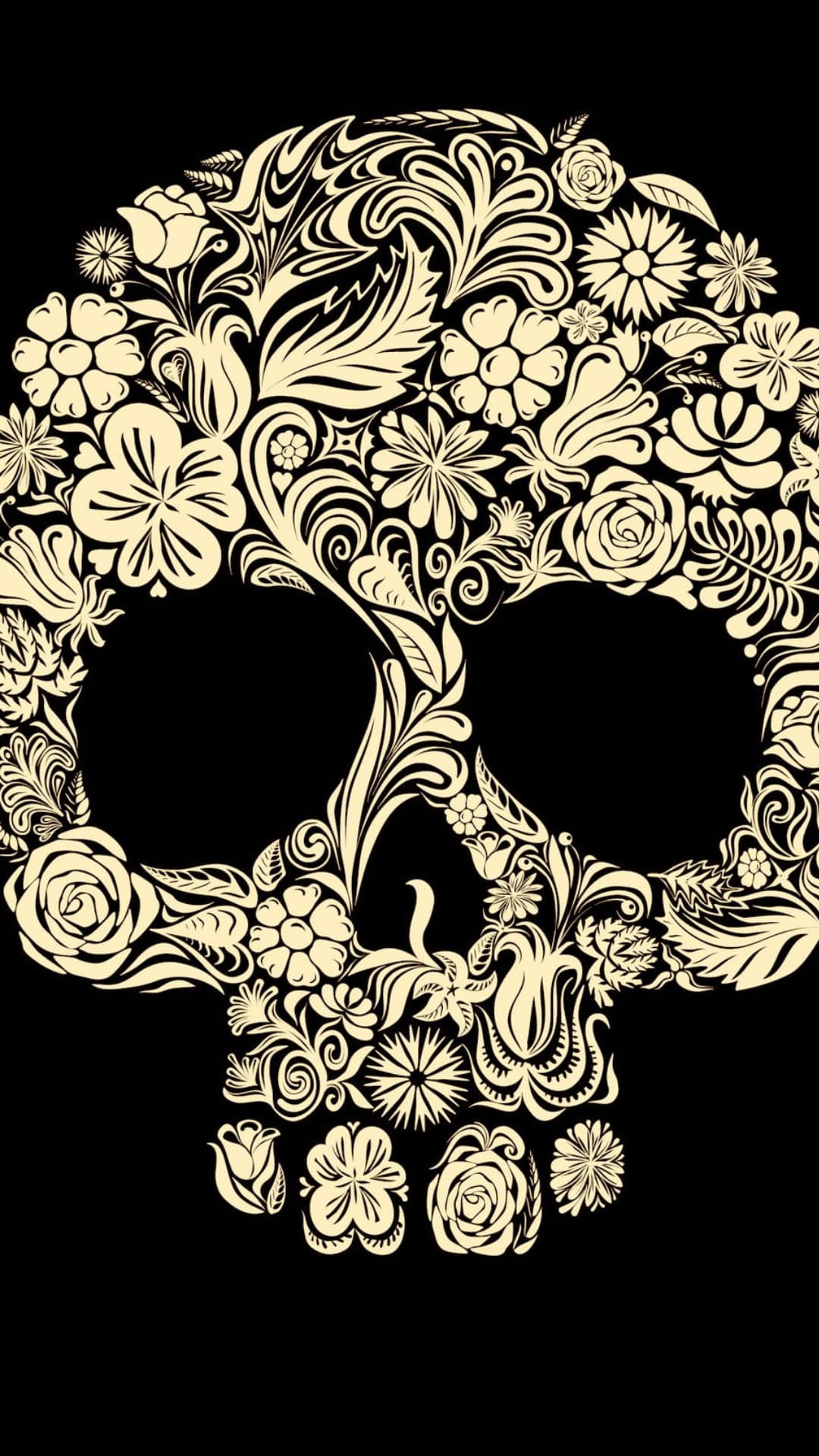 Human skull composed of intricate cream floral patterns and twisting vines against a solid black background.