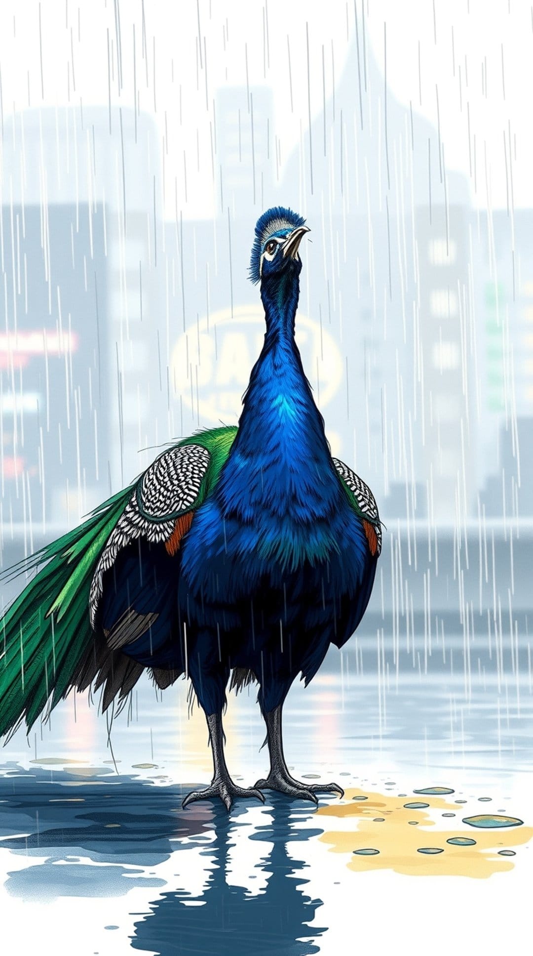 Iridescent peacock standing in a rainy city street with water droplets on its feathers and blue urban reflections.