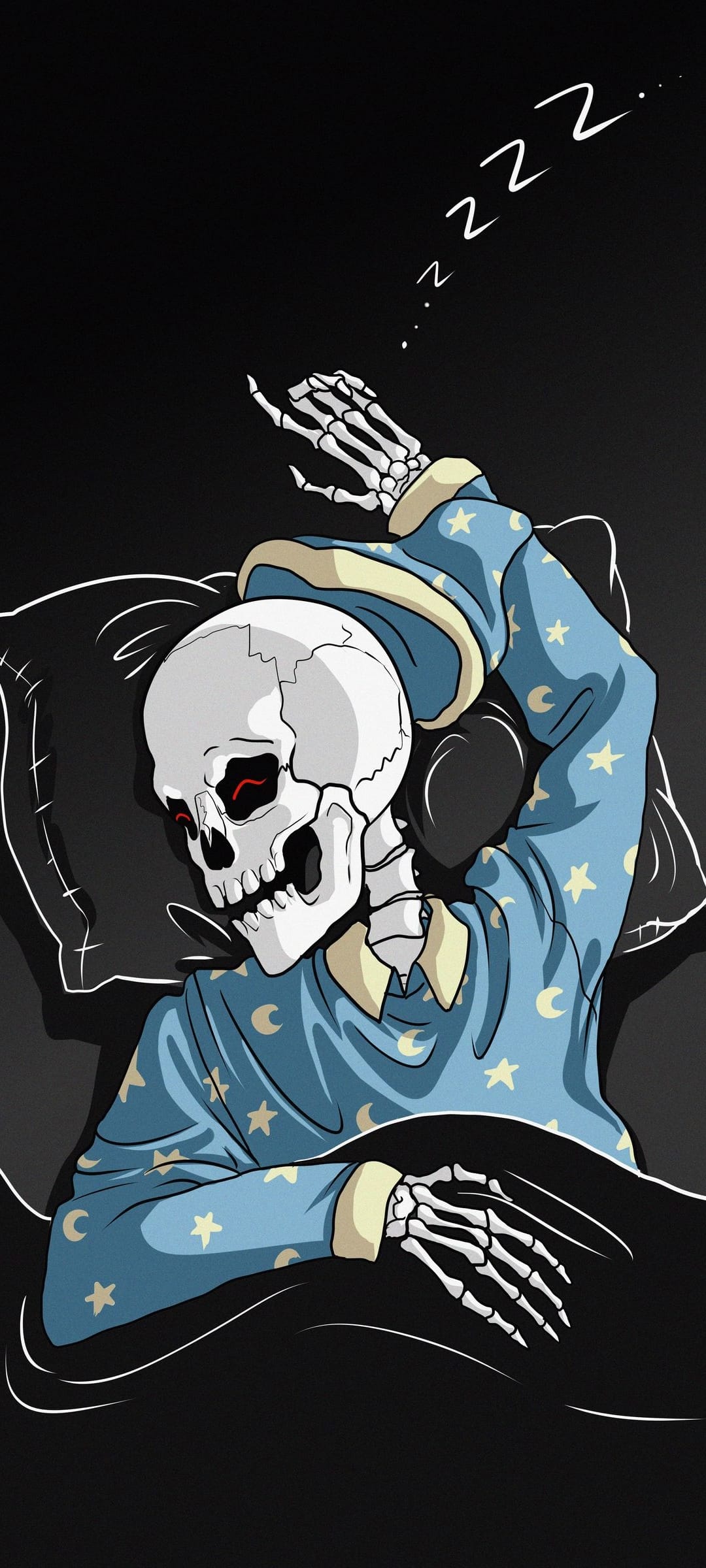 Skeleton wearing moon-patterned blue pajamas sleeps in a dark bed with floating Zzz letters above its head.