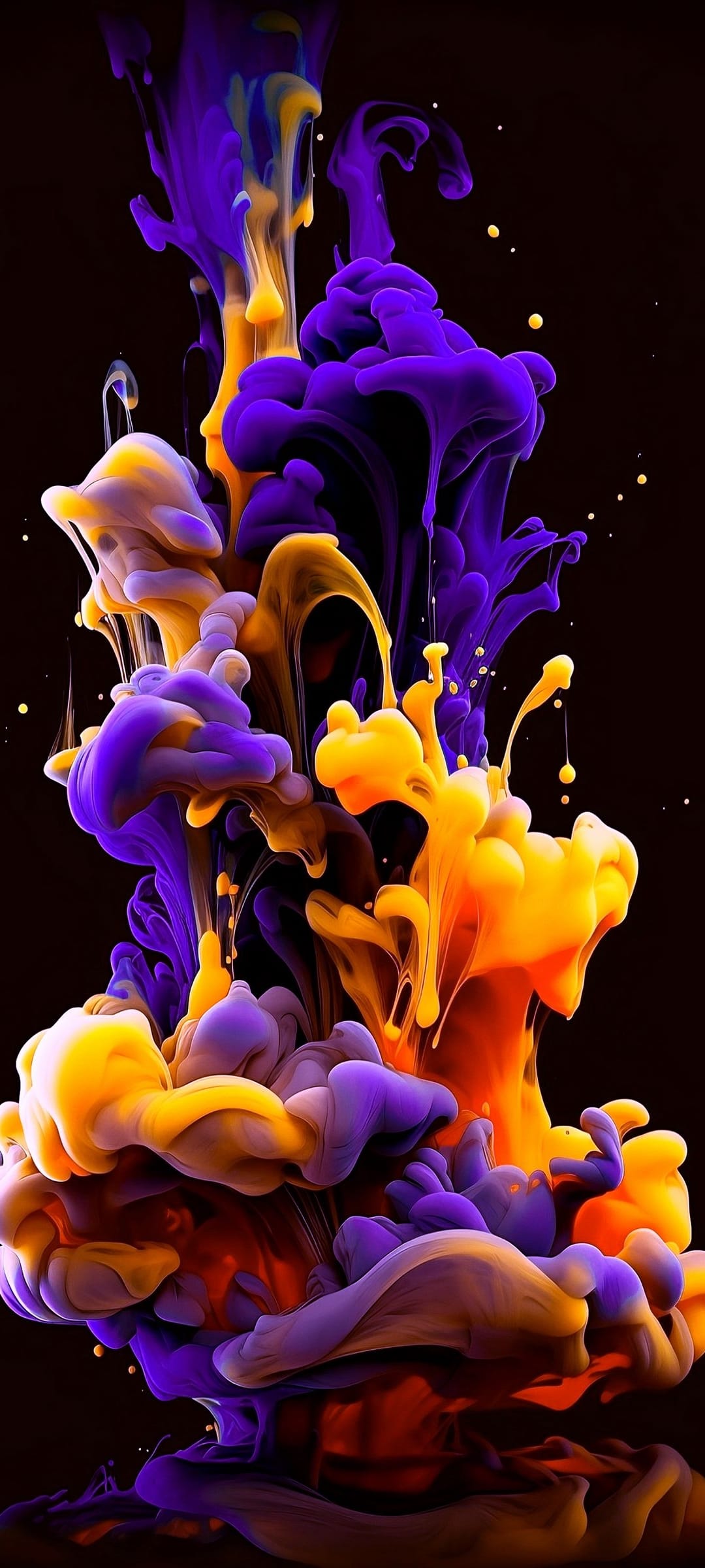 Purple and orange ink plumes mingle with gold sparkles against a dark void in a vertical composition.