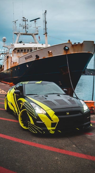 sports car, car, front view, ship, pier, mobile wallpaper, android wallpaper, iPhone wallpaper, phone wallpaper