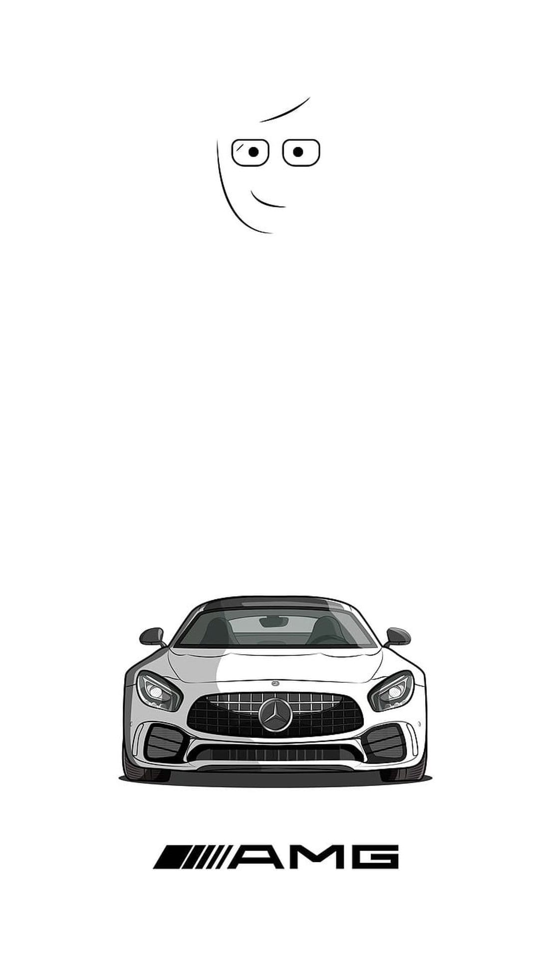Spectacled cartoon character face positioned above a black Mercedes-AMG logo over a solid white background.