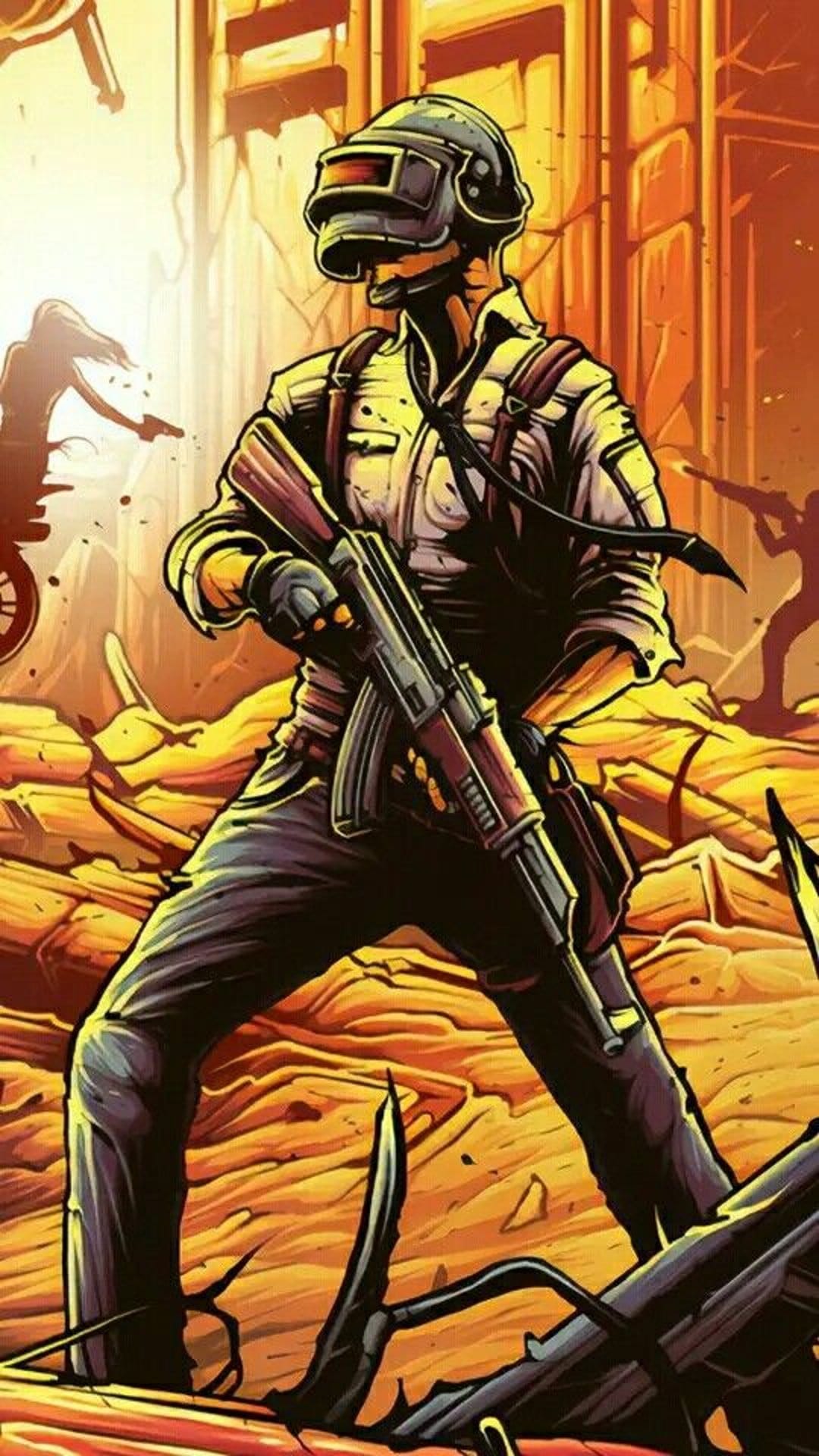 Combat soldier wearing a tactical helmet holds an assault rifle while standing in a ruined desert environment.