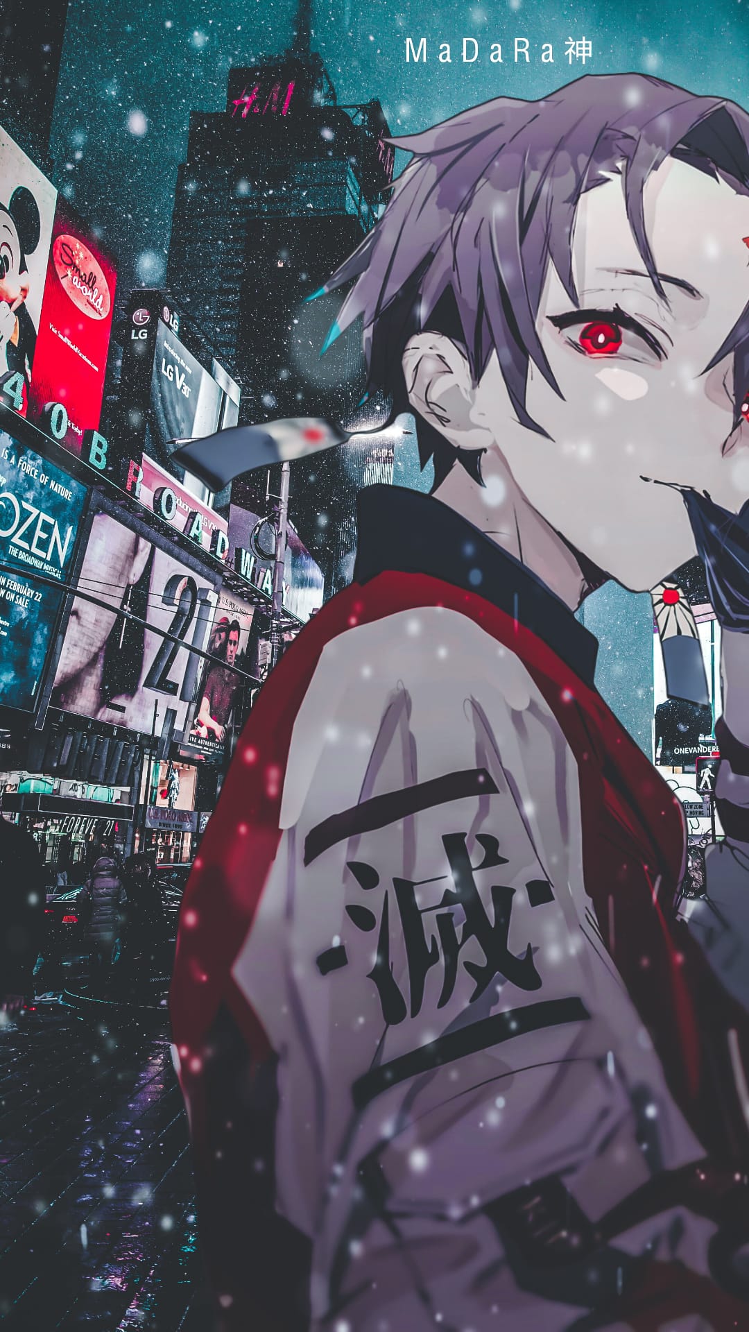 Purple haired anime character with red eyes wears a kanji jacket in a snowy, neon-lit New York street.