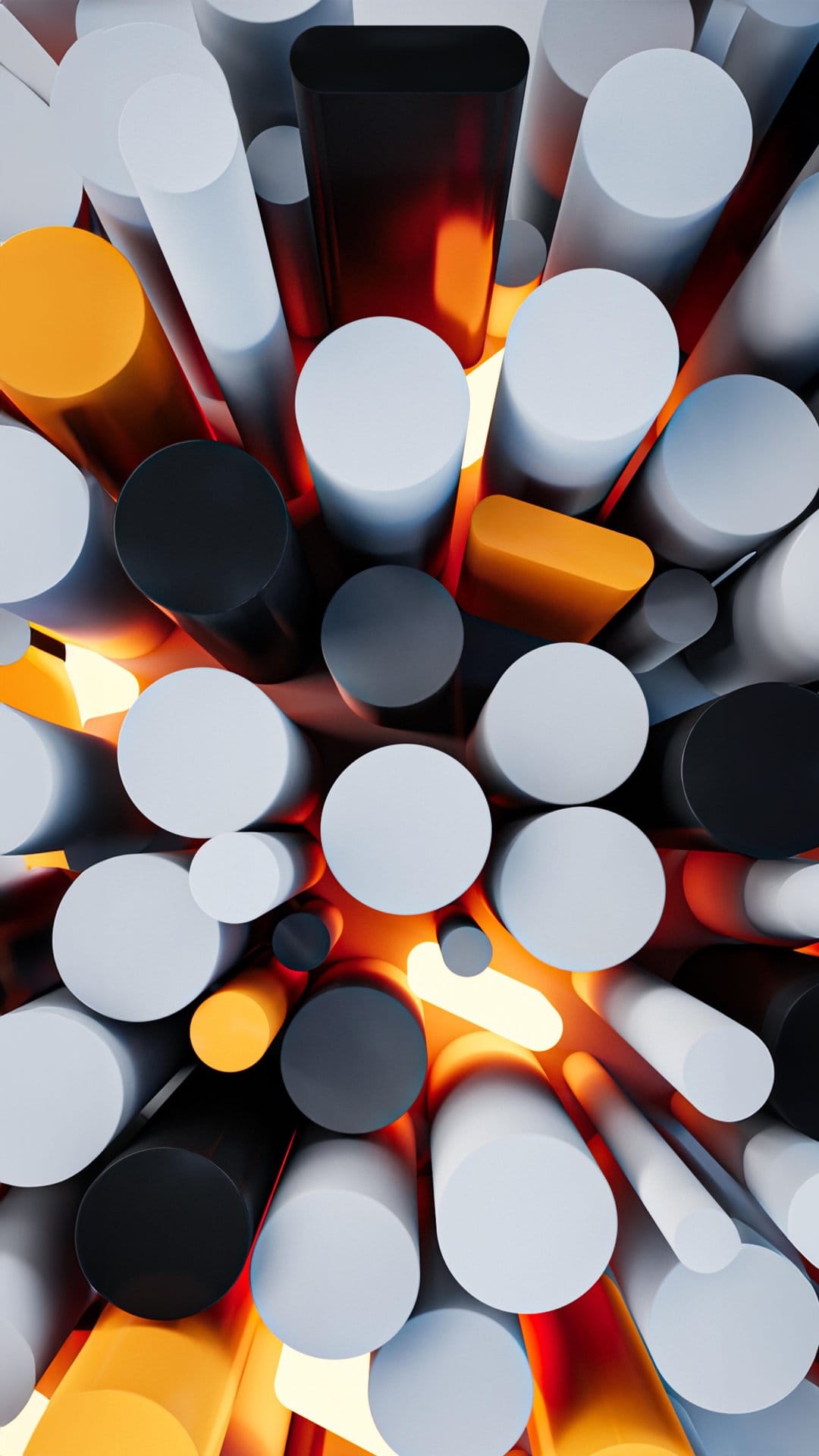 Grey 3D cylinders arranged in a tight cluster with vibrant orange light glowing from the interior crevices.