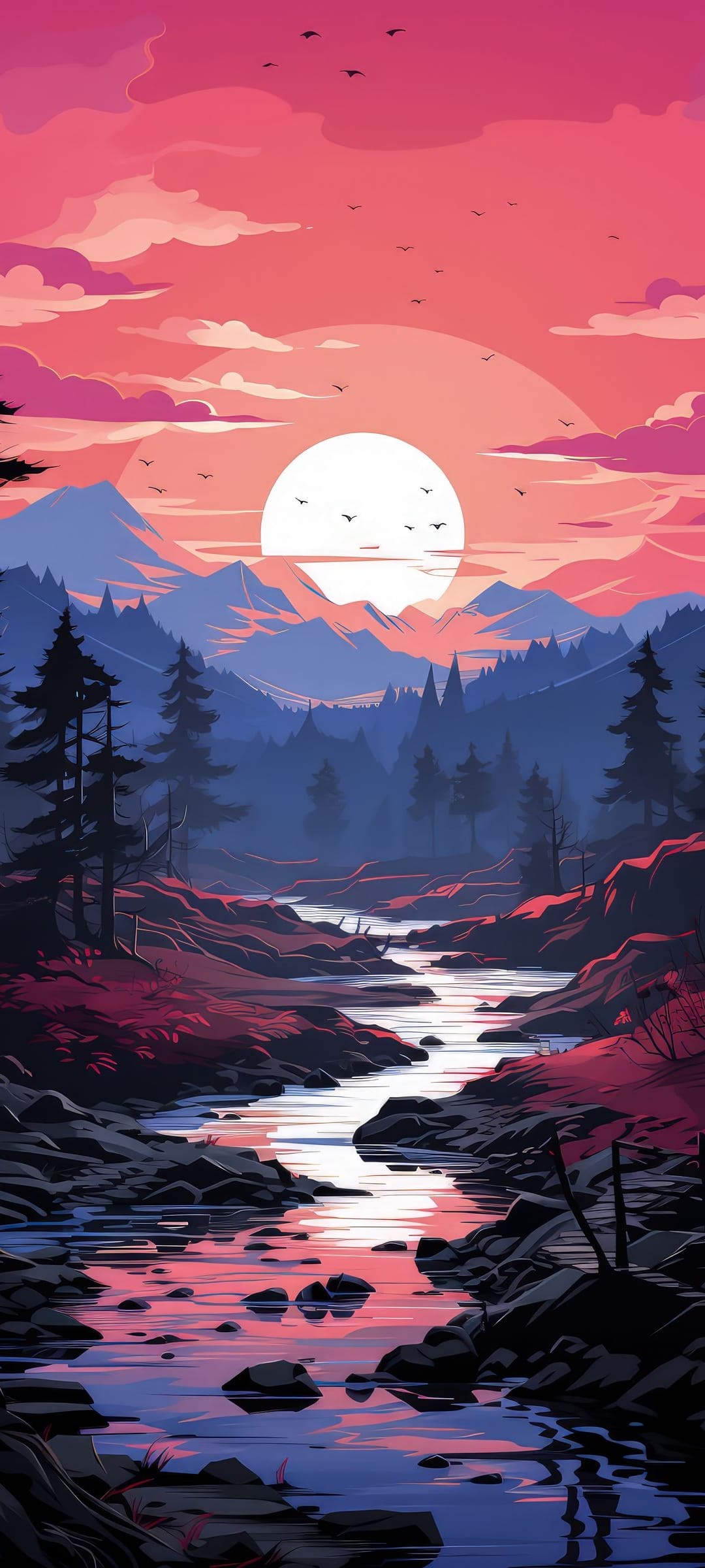 Pink and orange sunset sky reflecting in a winding river bordered by dark evergreen forests and jagged mountains.