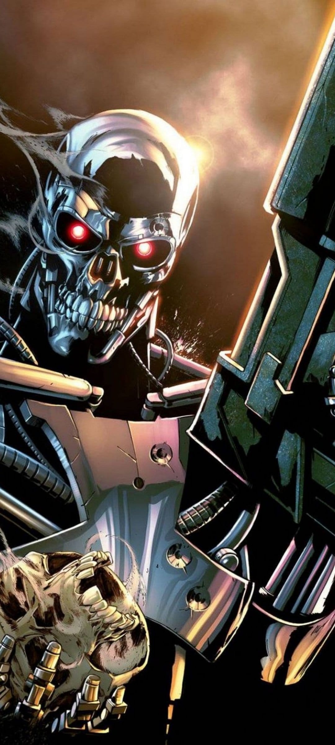 T-800 endoskeleton skull with glowing red eyes and polished chrome surfaces next to a futuristic weapon.